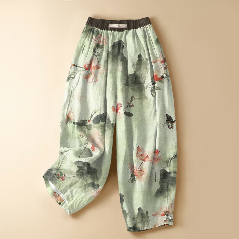 Buddha Stones Pantaloni harem da donna in puro cotone con motivo floreale ad acquerello, farfalle, bottoni a rana e vita elasticizzata, con tasche. - Verde pallido - US16, UK/AU20, EU48 (3XL) - image 5