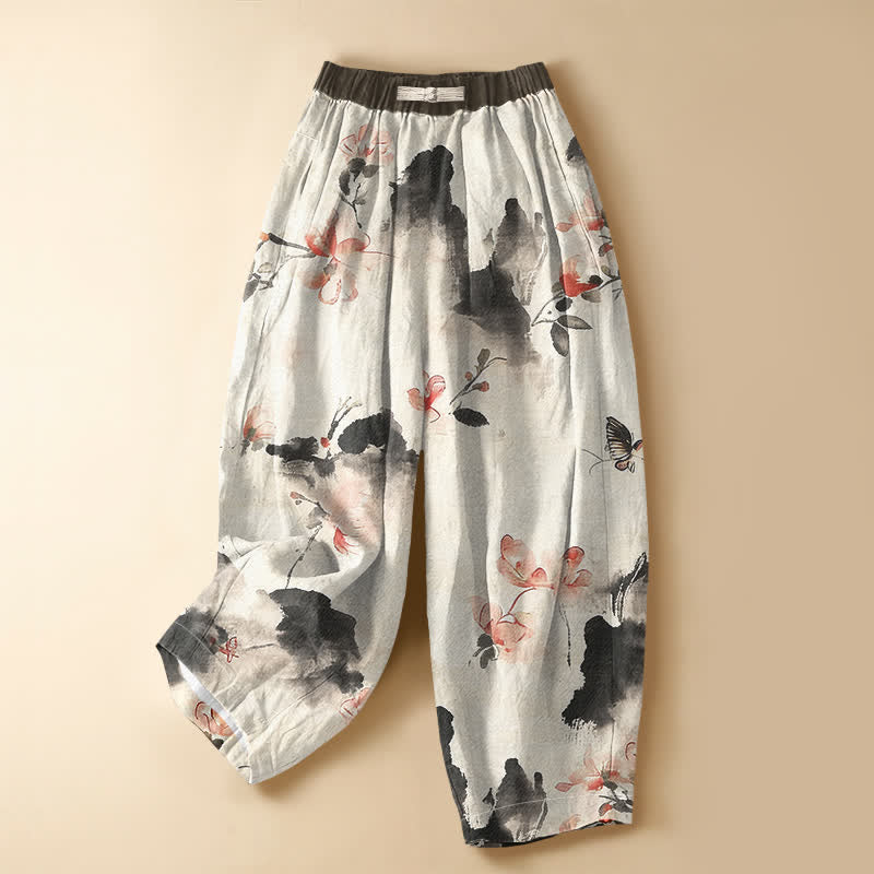 Buddha Stones Pantaloni harem da donna in puro cotone con motivo floreale ad acquerello, farfalle, bottoni a rana e vita elasticizzata, con tasche. - Biancheria - US16, UK/AU20, EU48 (3XL) - image 7