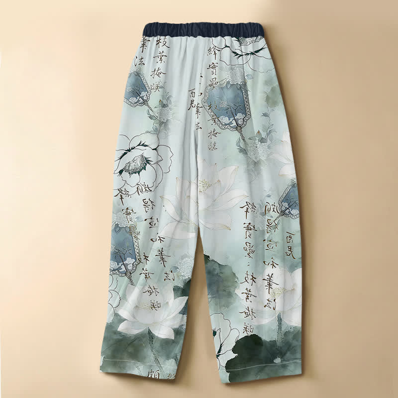 Buddha Stones Pantaloni harem da donna in puro cotone con stampa floreale orientale, lavaggio a inchiostro, bottoni a rana, vita elasticizzata e tasche. - image 1