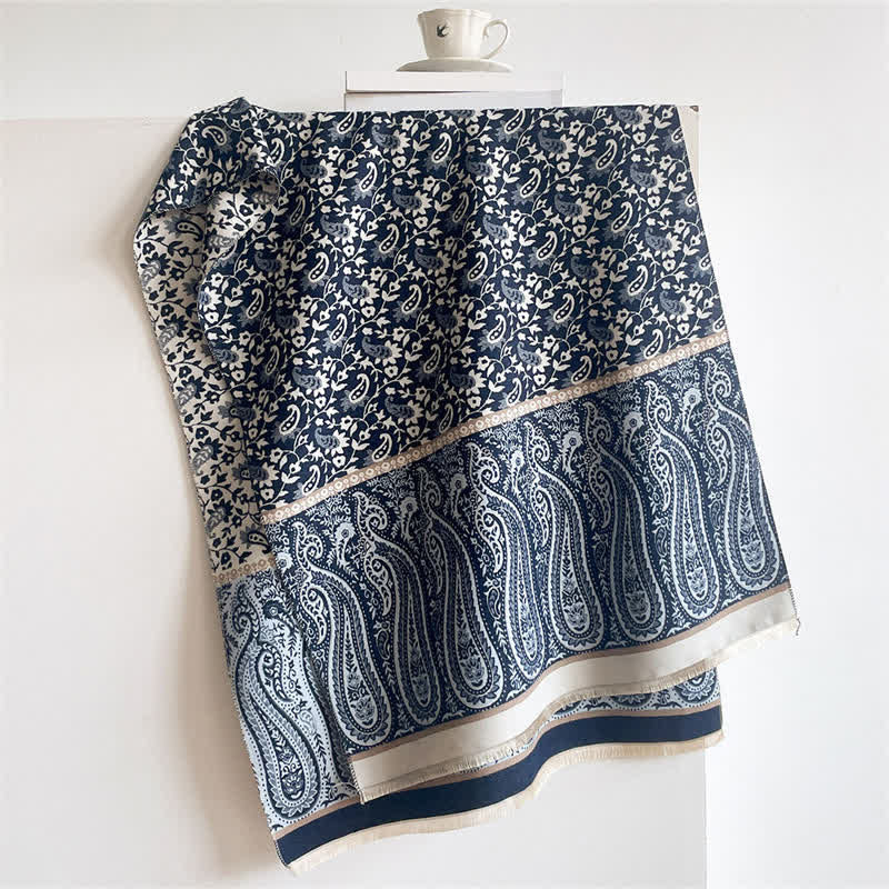 Buddha Stones Sciarpa reversibile con motivo floreale paisley a tralci, ideale per primavera e autunno. - Blu notte - 180*65 cm - image 10