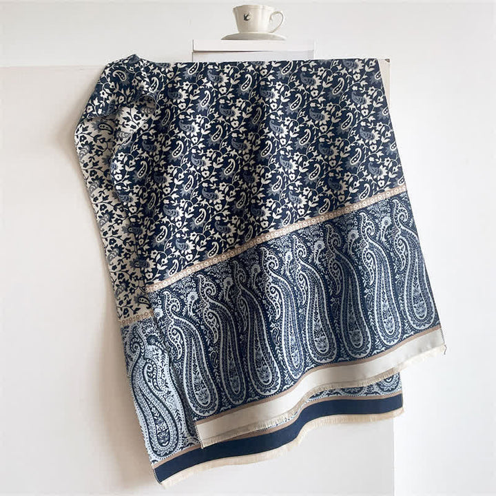 Buddha Stones Sciarpa reversibile con motivo floreale paisley a tralci, ideale per primavera e autunno. - Blu notte - 180*65 cm - image 10