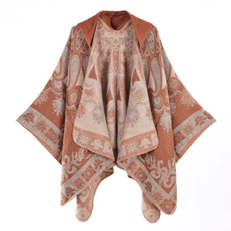 Buddha Stones Poncho/scialle stile boho con cappuccio, fantasia paisley geometrica, autunno/inverno. - SandyBrown - 130*150CM - image 6