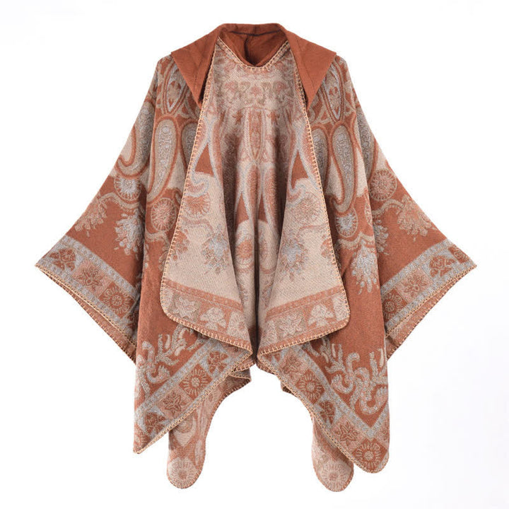 Buddha Stones Poncho/scialle stile boho con cappuccio, fantasia paisley geometrica, autunno/inverno. - SandyBrown - 130*150CM - image 6