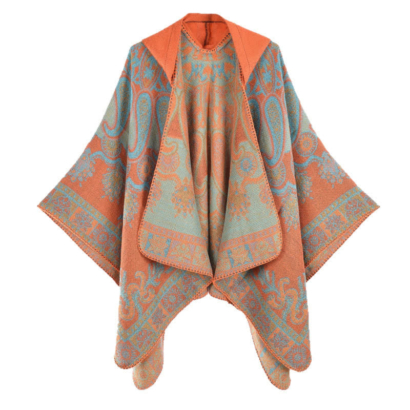 Buddha Stones Poncho/scialle stile boho con cappuccio, fantasia paisley geometrica, autunno/inverno. - Arancia - 130*150CM - image 5