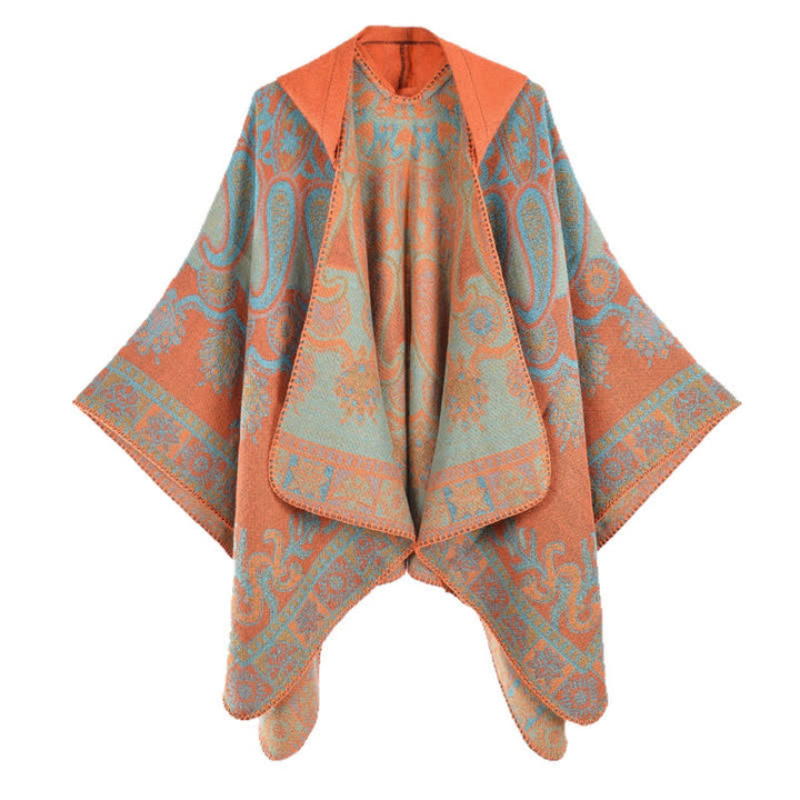 Buddha Stones Poncho/scialle stile boho con cappuccio, fantasia paisley geometrica, autunno/inverno. - Arancia - 130*150CM - image 5