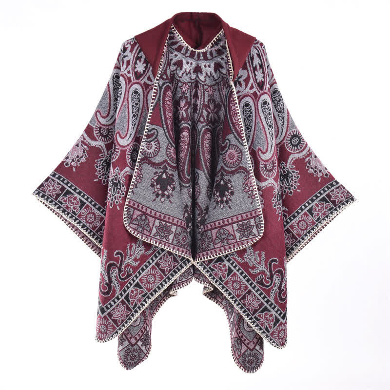 Buddha Stones Poncho/scialle stile boho con cappuccio, fantasia paisley geometrica, autunno/inverno. - Borgogna - 130*150CM - image 4