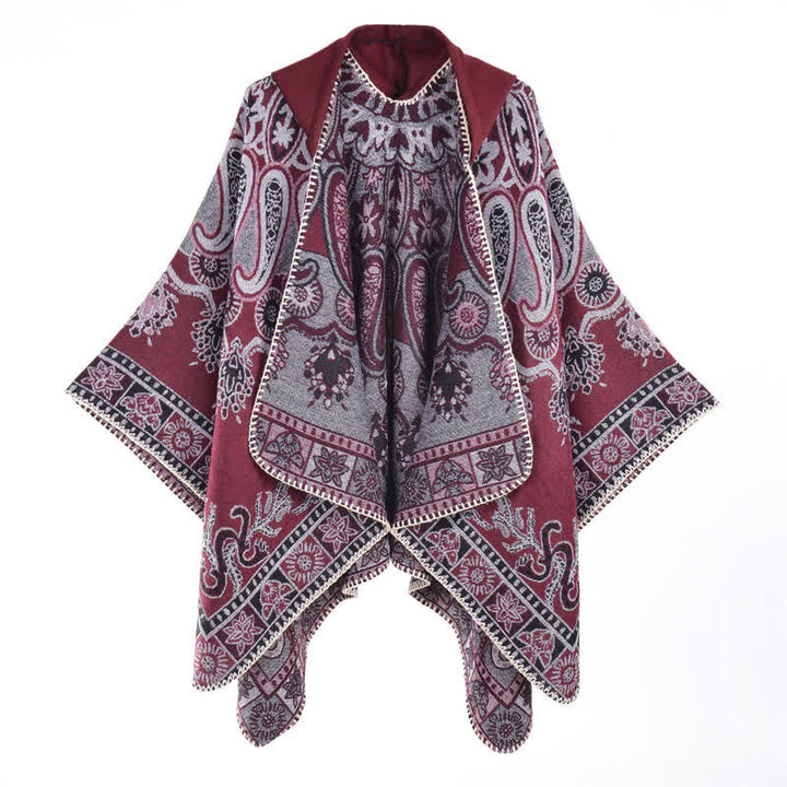 Buddha Stones Poncho/scialle stile boho con cappuccio, fantasia paisley geometrica, autunno/inverno. - Borgogna - 130*150CM - image 4