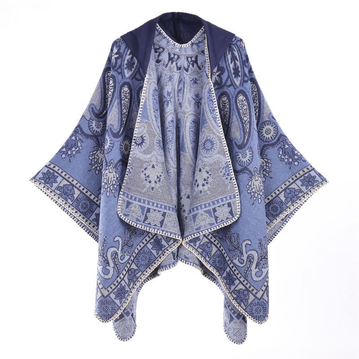 Buddha Stones Poncho/scialle stile boho con cappuccio, fantasia paisley geometrica, autunno/inverno. - Blu fiordaliso - 130*150CM - image 0