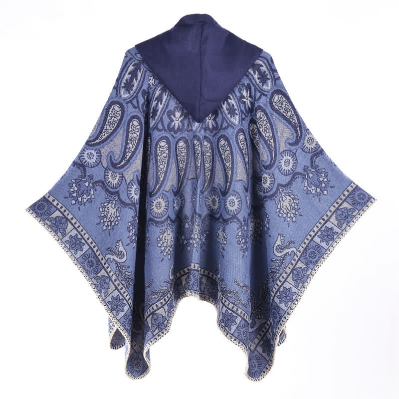 Buddha Stones Poncho/scialle stile boho con cappuccio, fantasia paisley geometrica, autunno/inverno. - image 1