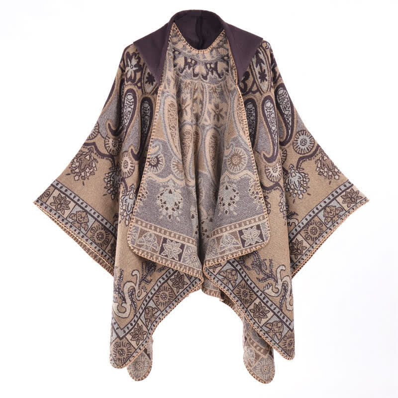 Buddha Stones Poncho/scialle stile boho con cappuccio, fantasia paisley geometrica, autunno/inverno. - Siena - 130*150CM - image 7