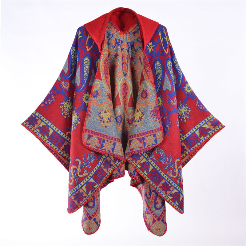 Buddha Stones Poncho/scialle stile boho con cappuccio, fantasia paisley geometrica, autunno/inverno. - Cremisi - 130*150CM - image 2