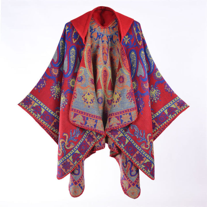 Buddha Stones Poncho/scialle stile boho con cappuccio, fantasia paisley geometrica, autunno/inverno. - Cremisi - 130*150CM - image 2