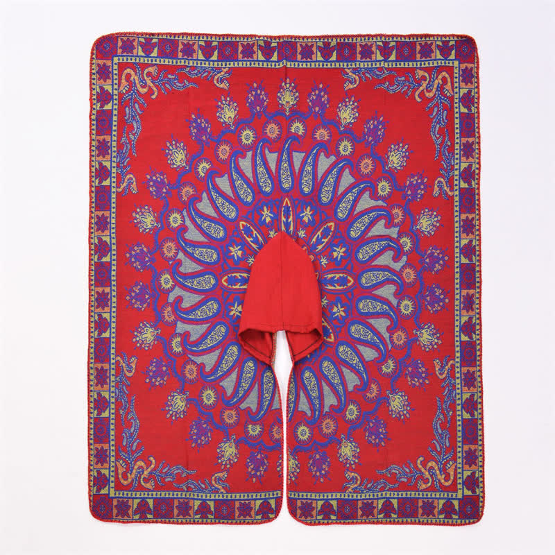 Buddha Stones Poncho/scialle stile boho con cappuccio, fantasia paisley geometrica, autunno/inverno. - image 3