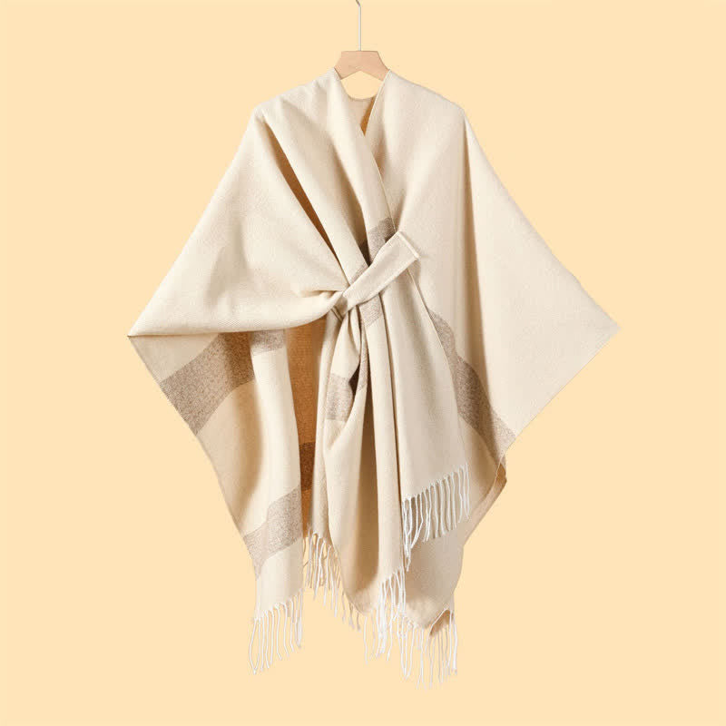 Buddha Stones Sciarpa accogliente a righe stile boho con fibbia a nappine, ideale per autunno/inverno. - Beige - 130x150 cm - image 7