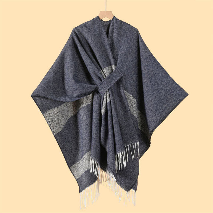 Buddha Stones Sciarpa accogliente a righe stile boho con fibbia a nappine, ideale per autunno/inverno. - Grigio tenue - 130x150 cm - image 2
