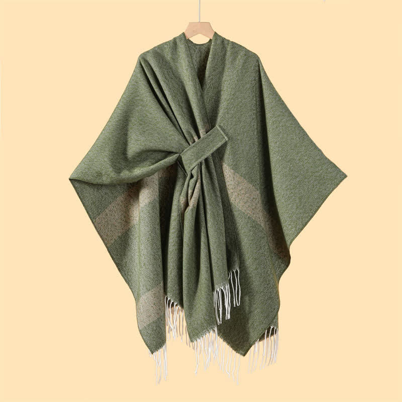 Buddha Stones Sciarpa accogliente a righe stile boho con fibbia a nappine, ideale per autunno/inverno. - Verde oliva scuro - 130x150 cm - image 4