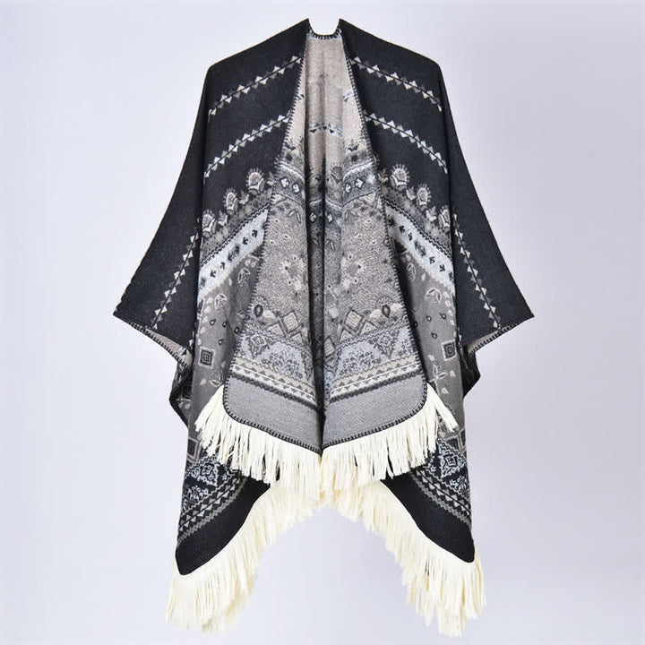 Buddha Stones Sciarpa con nappe e motivo geometrico floreale in stile boho per autunno/inverno. - Fiore Nero Grigio - 155*136 cm - image 21