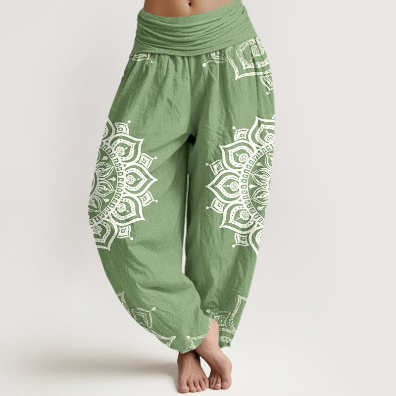 Buddha Stones Pantaloni harem da donna in puro cotone bianco con motivo floreale mandala e vita elasticizzata. - Verde chiaro - US16, UK/AU20, EU48 (3XL) - image 0