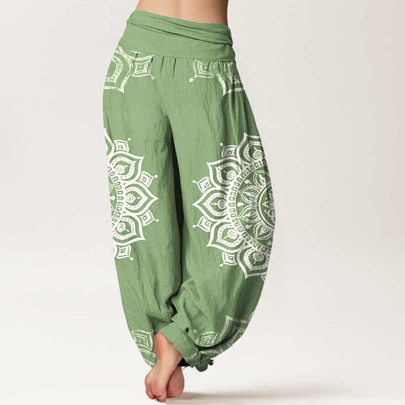 Buddha Stones Pantaloni harem da donna in puro cotone bianco con motivo floreale mandala e vita elasticizzata. - image 1