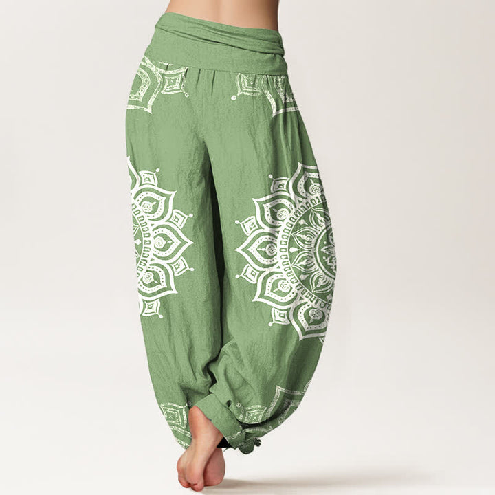 Buddha Stones Pantaloni harem da donna in puro cotone bianco con motivo floreale mandala e vita elasticizzata. - image 1