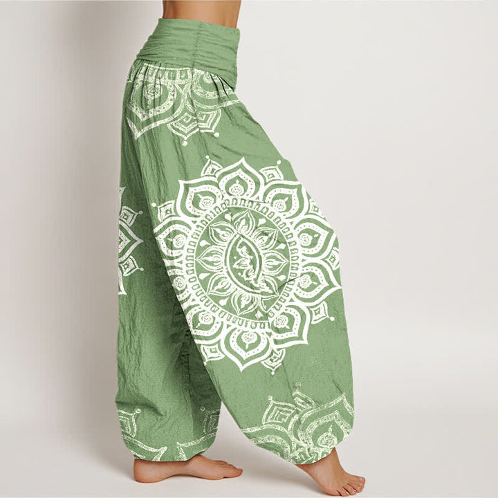 Buddha Stones Pantaloni harem da donna in puro cotone bianco con motivo floreale mandala e vita elasticizzata. - image 2
