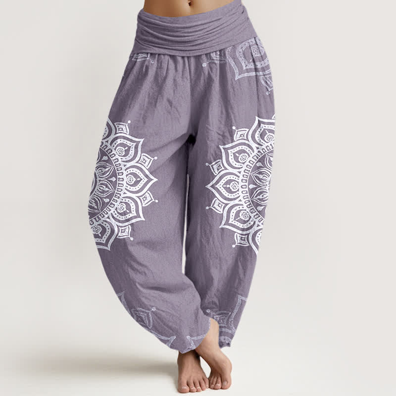 Buddha Stones Pantaloni harem da donna in puro cotone bianco con motivo floreale mandala e vita elasticizzata. - Viola medio - US16, UK/AU20, EU48 (3XL) - image 5