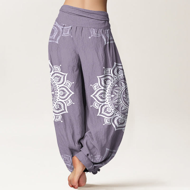 Buddha Stones Pantaloni harem da donna in puro cotone bianco con motivo floreale mandala e vita elasticizzata. - image 6