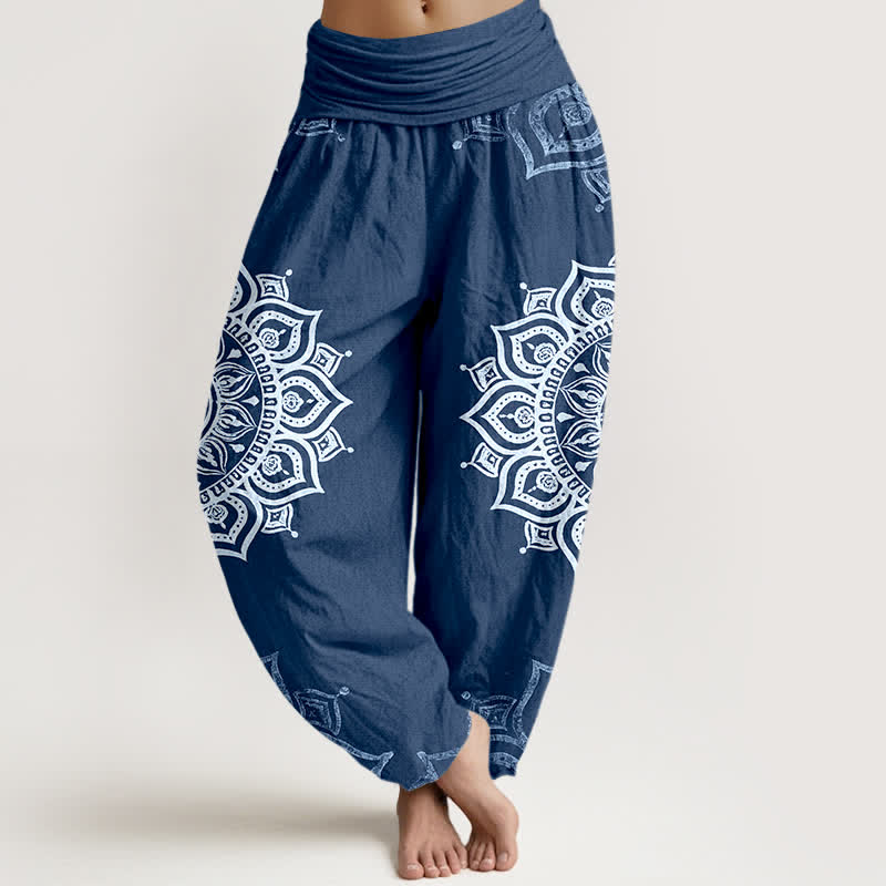 Buddha Stones Pantaloni harem da donna in puro cotone bianco con motivo floreale mandala e vita elasticizzata. - SteelBlue - US16, UK/AU20, EU48 (3XL) - image 8
