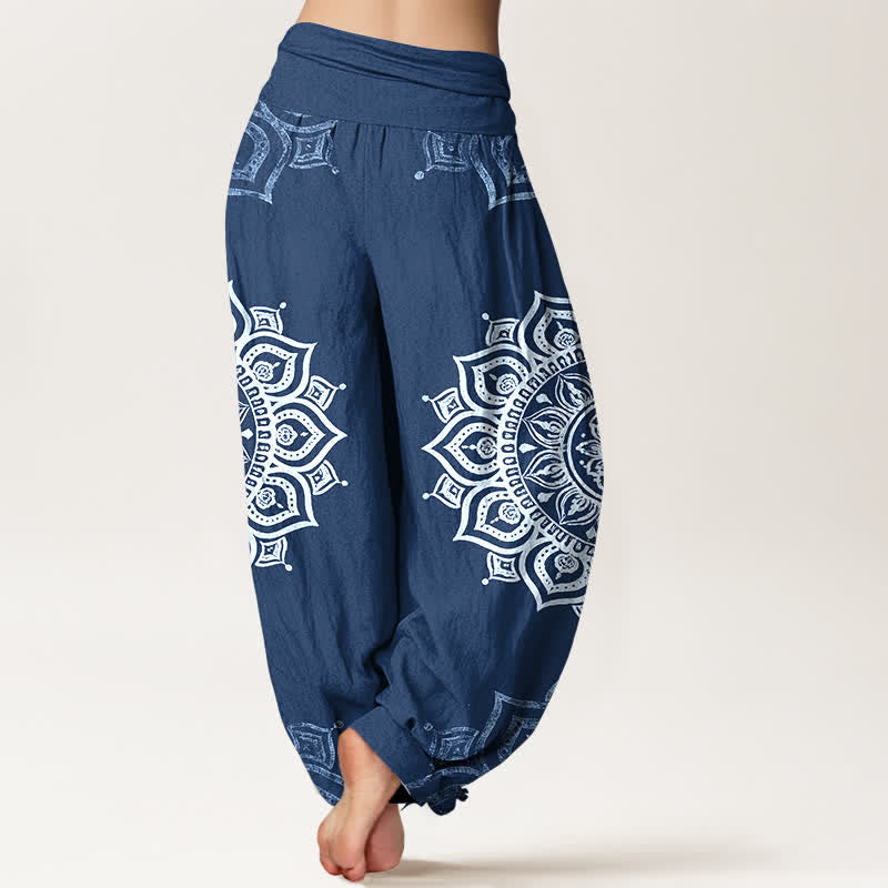 Buddha Stones Pantaloni harem da donna in puro cotone bianco con motivo floreale mandala e vita elasticizzata. - image 9