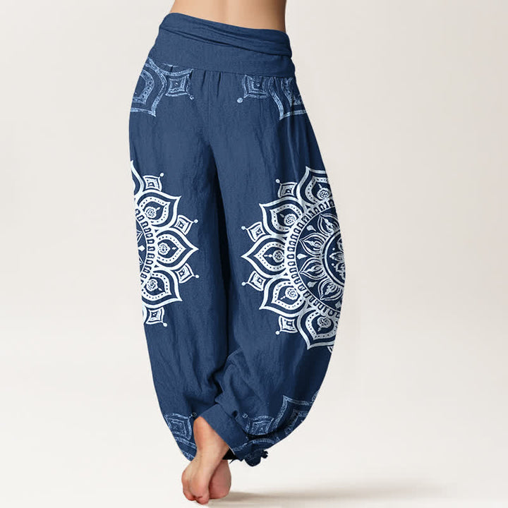 Buddha Stones Pantaloni harem da donna in puro cotone bianco con motivo floreale mandala e vita elasticizzata. - image 9