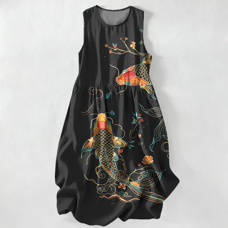 Buddha Stones Abito midi estivo casual da donna con motivo floreale a onde e pesci koi, senza maniche e con tasche. - Nero - US16, UK/AU20, EU48 (3XL) - image 0