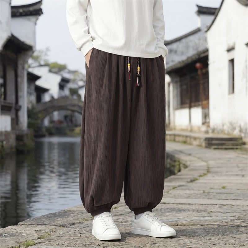 Buddha Stones Pantaloni harem da uomo a tinta unita, casual, vintage, con coulisse, per primavera e autunno, con tasche. - image 1
