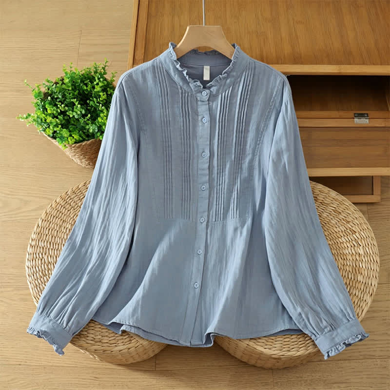 Buddha Stones Camicie da donna a maniche lunghe in cotone tinta unita, eleganti, con bottoni e pieghe, stile vintage autunnale. - Blu acciaio chiaro - US12, UK/AU16, EU44 (2XL) - image 0