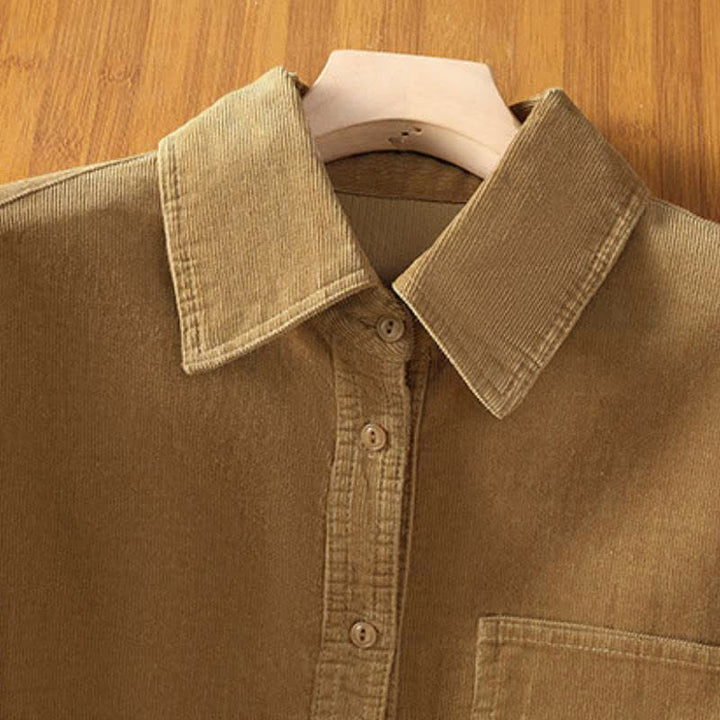 Buddha Stones Camicia da donna a maniche lunghe in velluto a coste tinta unita, stile vintage, con bottoni e tasca, per autunno/inverno. - image 2