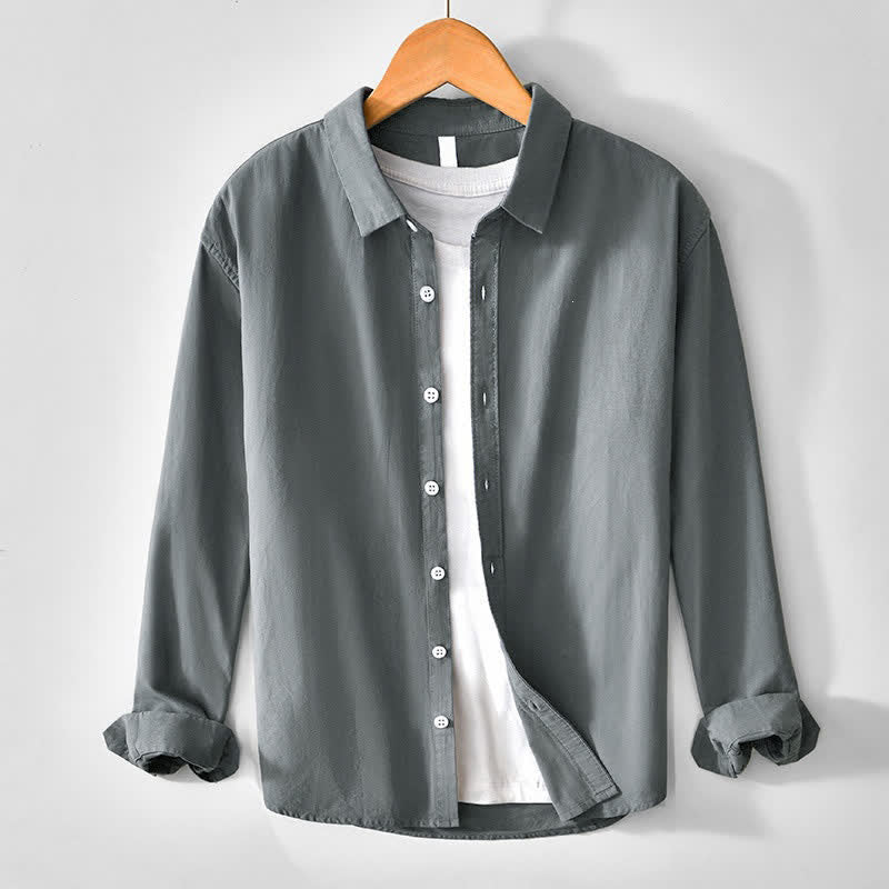 Buddha Stones Camicia da uomo a maniche lunghe in cotone tinta unita, stile primaverile, casual e minimalista, con bottoni. - Grigio tenue - US/UK/AU44, EU54 (4XL) - image 0