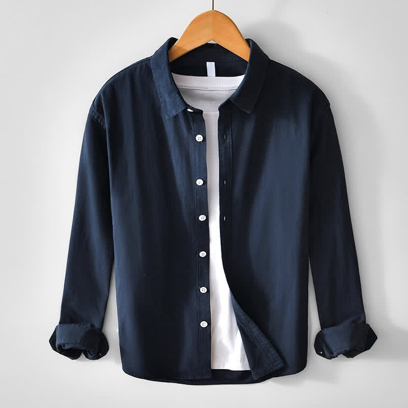 Buddha Stones Camicia da uomo a maniche lunghe in cotone tinta unita, stile primaverile, casual e minimalista, con bottoni. - Marina - US/UK/AU44, EU54 (4XL) - image 6