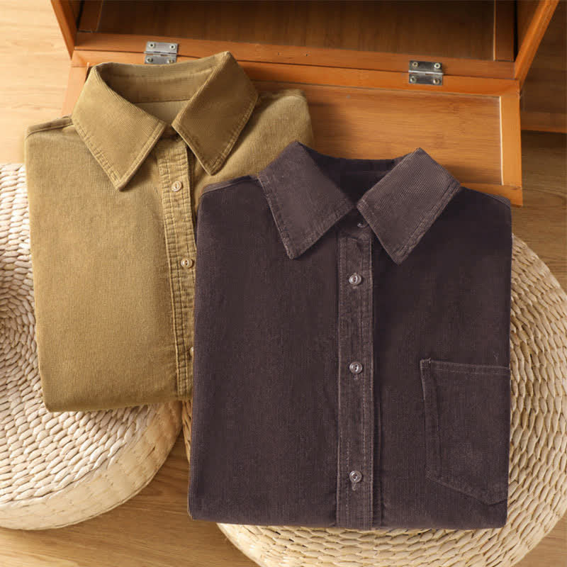 Buddha Stones Camicia da donna a maniche lunghe in velluto a coste tinta unita, stile vintage, con bottoni e tasca, per autunno/inverno. - image 18