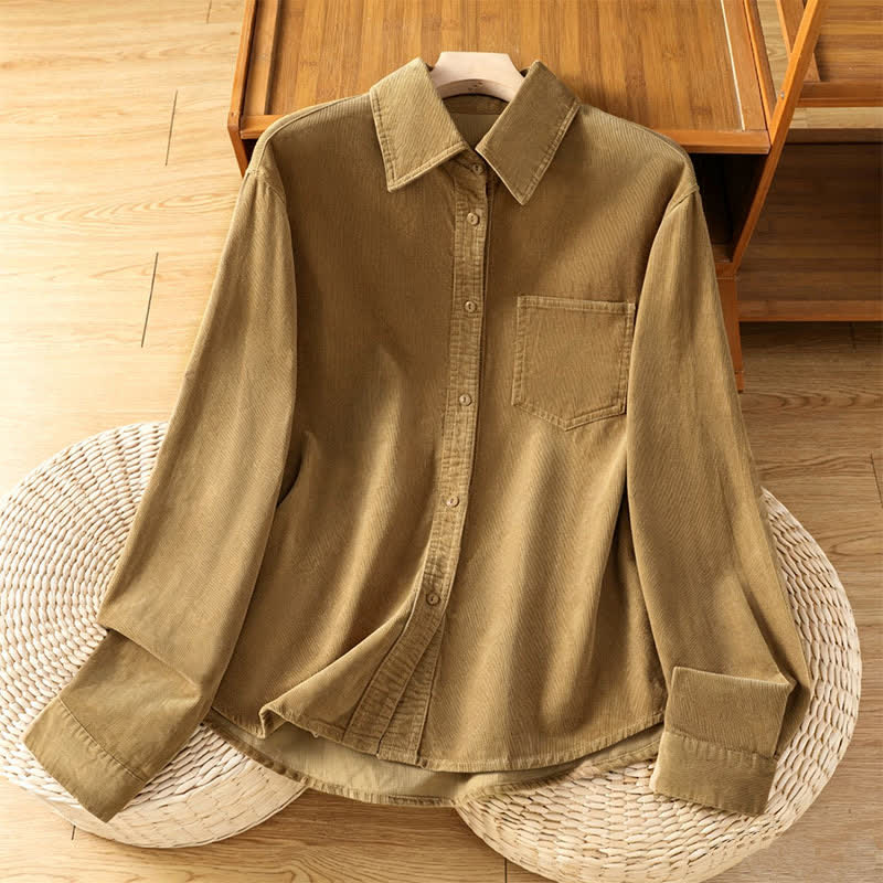 Buddha Stones Camicia da donna a maniche lunghe in velluto a coste tinta unita, stile vintage, con bottoni e tasca, per autunno/inverno. - Perù - US8-10, UK/AU12-14, EU40-42 (2XL) - image 0