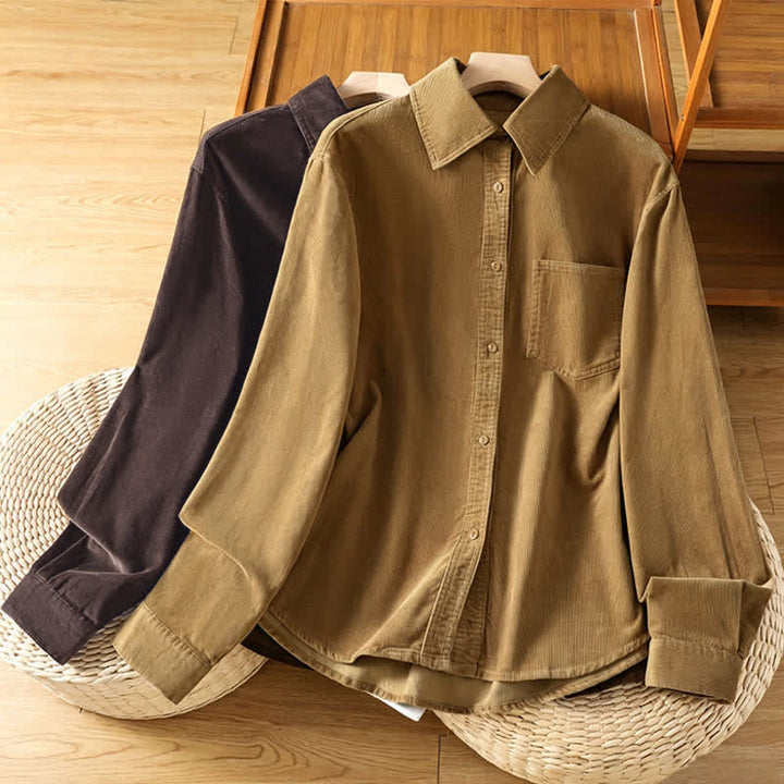 Buddha Stones Camicia da donna a maniche lunghe in velluto a coste tinta unita, stile vintage, con bottoni e tasca, per autunno/inverno. - image 17