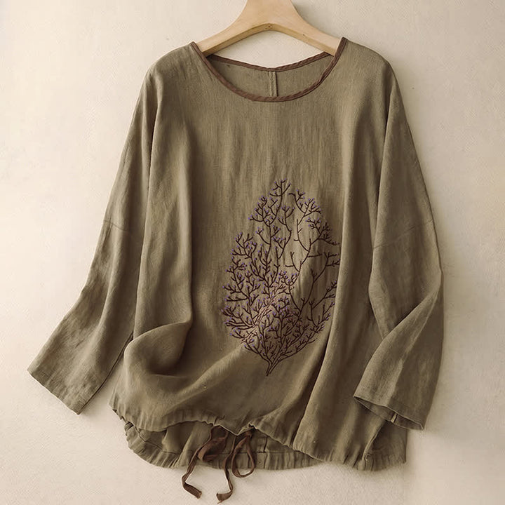 T-shirt da donna a maniche corte con scollo rotondo e coulisse, con ricamo di un albero e motivo Buddha Stones. - Oliva - Manica lunga - US14, UK/AU18, EU46 (2XL) - image 41