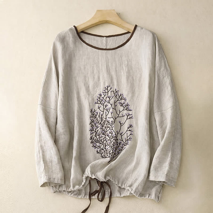 T-shirt da donna a maniche corte con scollo rotondo e coulisse, con ricamo di un albero e motivo Buddha Stones. - image 30