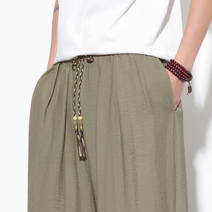 Buddha Stones Pantaloni corti estivi casual boho con coulisse, pantaloni harem da uomo a tinta unita con tasca - image 35