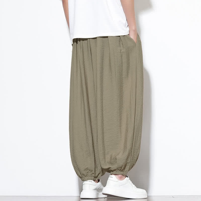 Buddha Stones Pantaloni corti estivi casual boho con coulisse, pantaloni harem da uomo a tinta unita con tasca - image 29