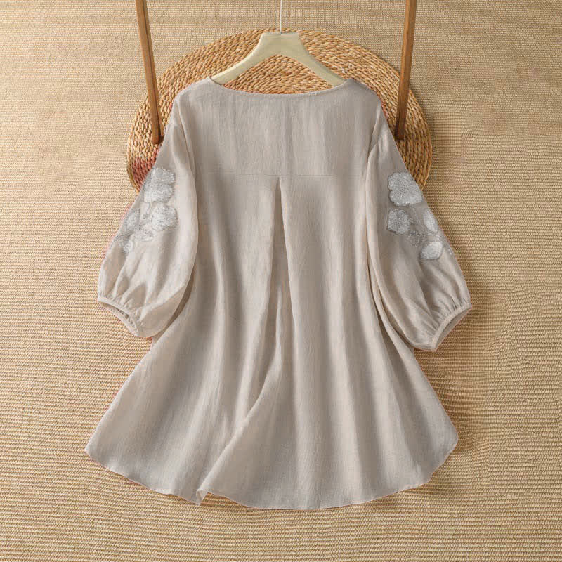 Buddha Stones T-shirt da donna a maniche lunghe, elegante e casual, con scollo rotondo e ricamo floreale bianco, ideale per l'estate. - image 1