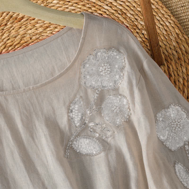 Buddha Stones T-shirt da donna a maniche lunghe, elegante e casual, con scollo rotondo e ricamo floreale bianco, ideale per l'estate. - image 2