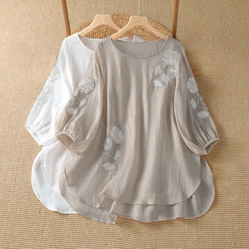 Buddha Stones T-shirt da donna a maniche lunghe, elegante e casual, con scollo rotondo e ricamo floreale bianco, ideale per l'estate. - image 8