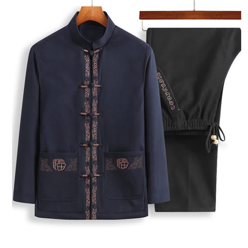 Giacca a maniche lunghe e pantaloni da uomo con ricamo del personaggio Fu e bottoni a rana, ispirati Buddha Stones. - Giacca blu acciaio + pantaloni neri - US/UK/AU44, EU54 (4XL) - image 5