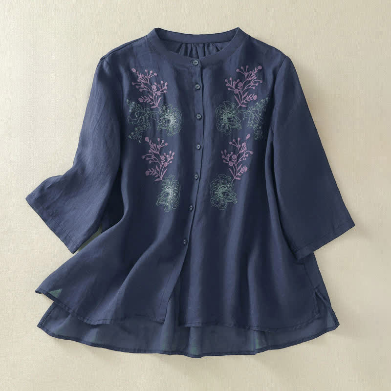 Camicia da donna con ricamo Buddha Stones, design a pieghe, colletto alla coreana, maniche a tre quarti e spacco laterale. - Blu notte - US8-10, UK/AU12-14, EU40-42 (2XL) - image 0