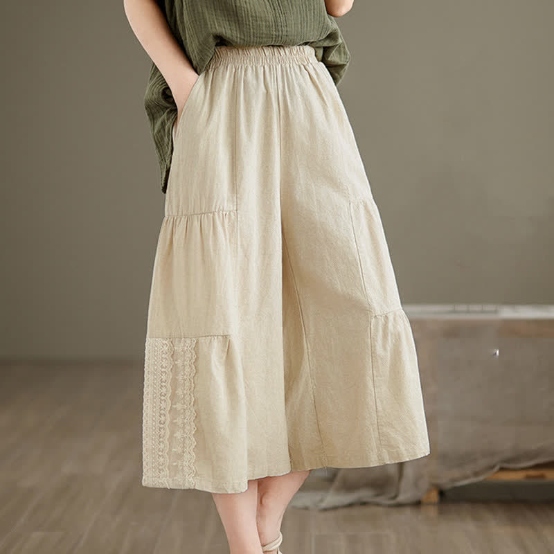 Pantaloni da donna a gamba larga, corti, in cotone, con inserti in pizzo e tasche , Buddha Stones Casual Plain Lace Splicing. - image 4