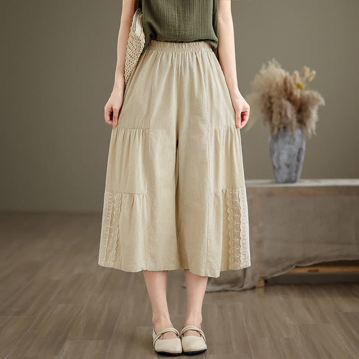 Pantaloni da donna a gamba larga, corti, in cotone, con inserti in pizzo e tasche , Buddha Stones Casual Plain Lace Splicing. - image 5